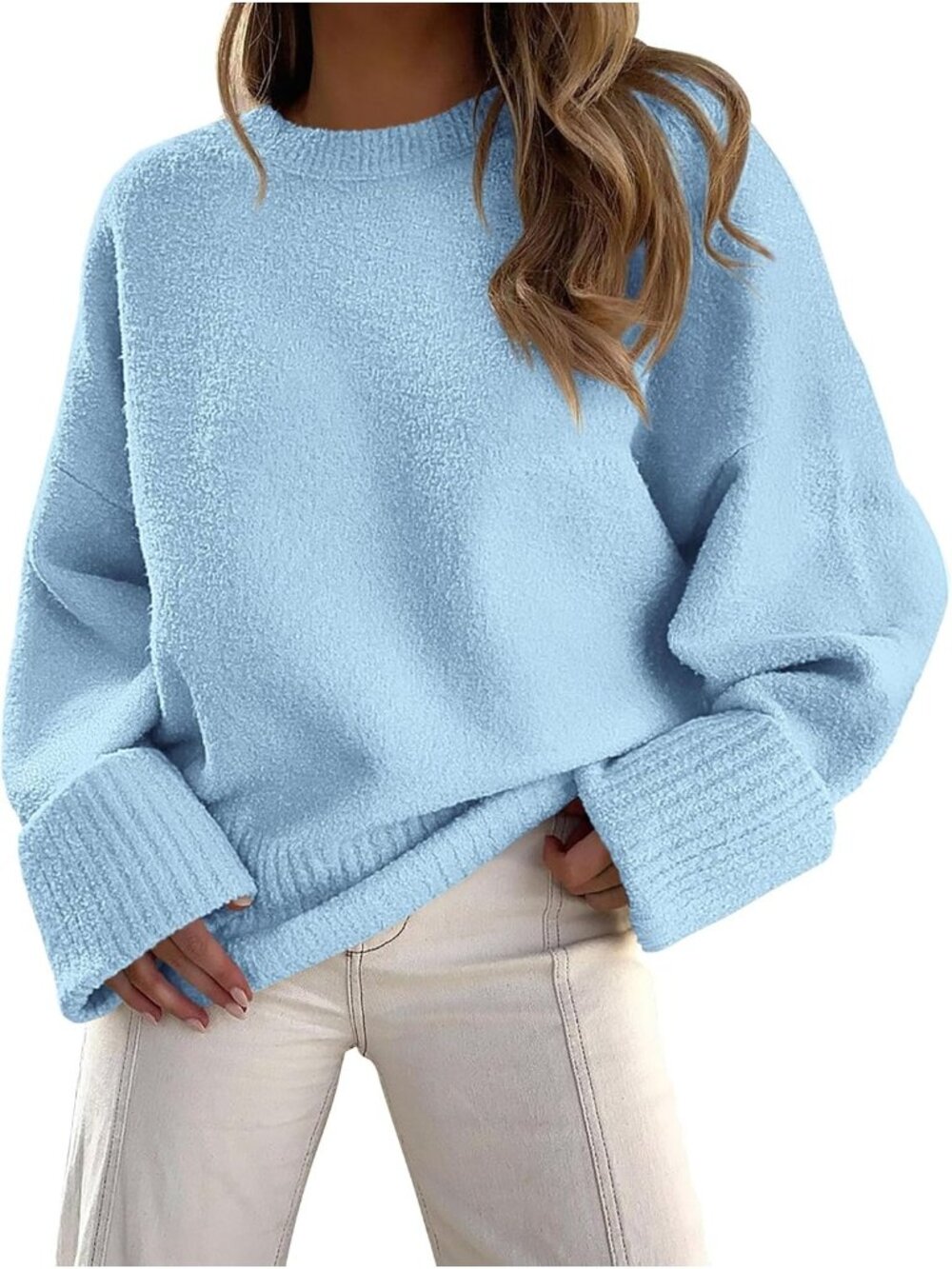 Women's Sky Blue Chunky Ribbed Knit Cozy Oversized Fuzzy Crewneck Cuff Sweater